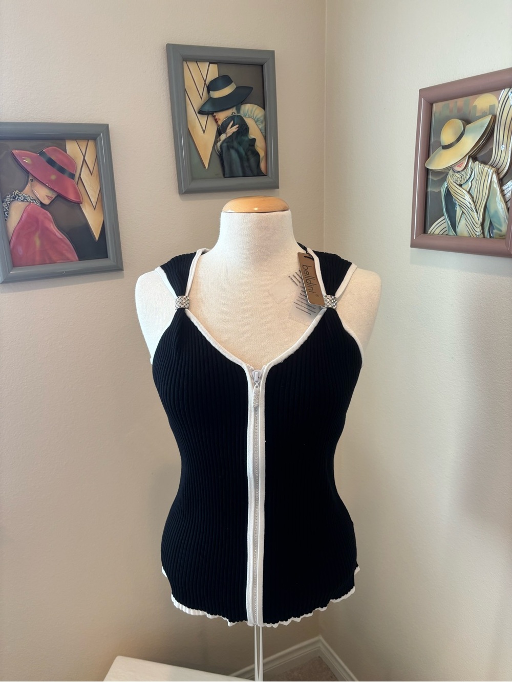 New Bellini Black Ribbed Zip-Front Camisole with White Trim